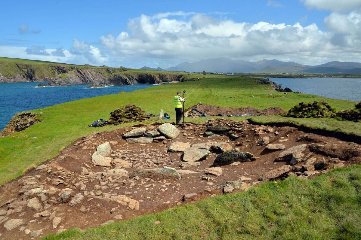 One of the dig sites in the Ferriter's Castle promontory fort where CHERISH archaeologists have uncoverred the remains of buildings that could date back to the Iron Age. Photo: Declan Malone