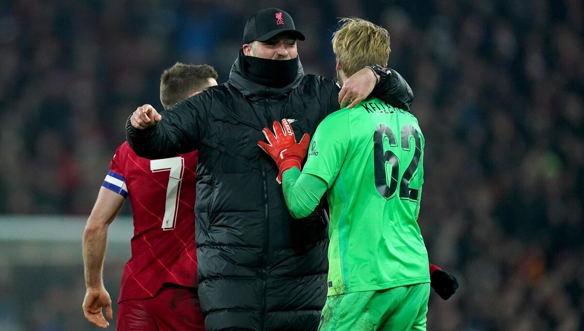 EMBRACE: Liverpool manager Jurgen Klopp celebrates with goalkeeper Caoimhín Kelleher.