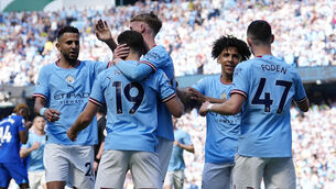<p>CHAMPIONS: Manchester City win the Premier League for the third season in a row. Pic: AP Photo/Jon Super</p>