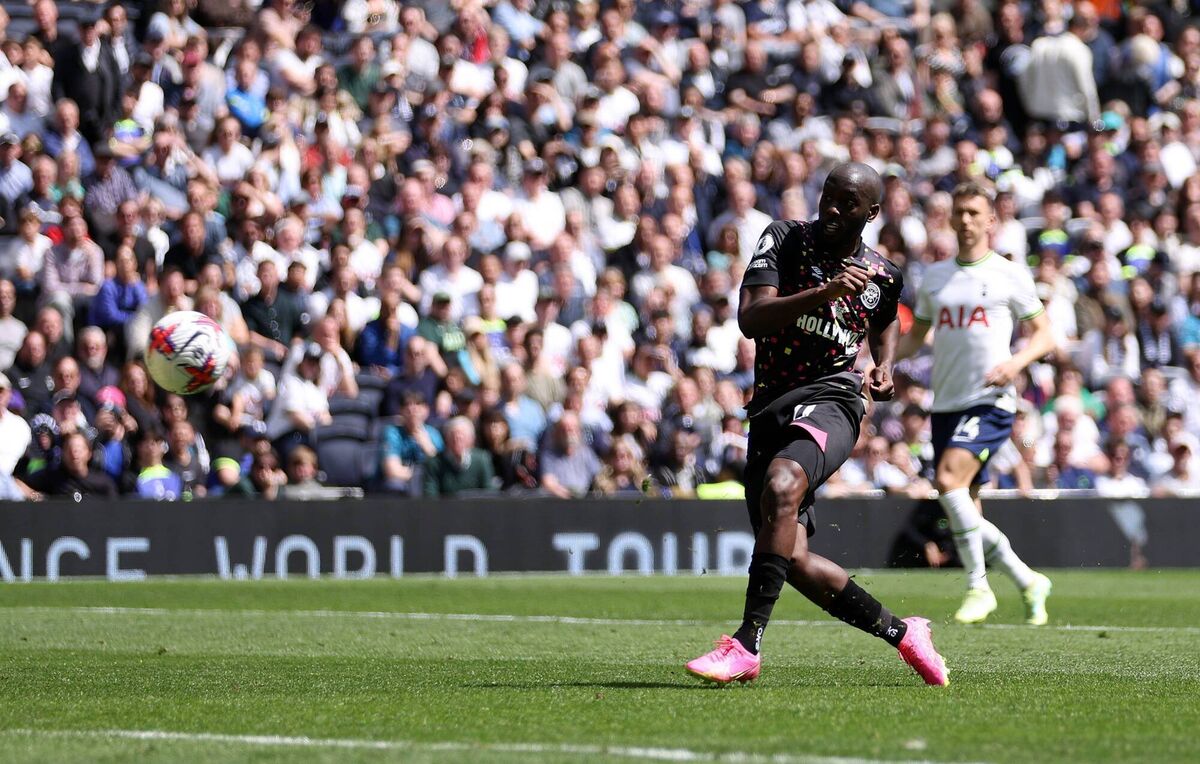  Yoane Wissa of Brentford scores the team's third goal. Pic: Richard Heathcote/Getty Images