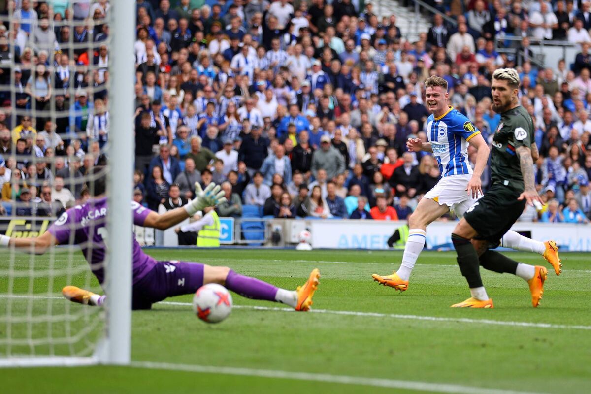 Evan Ferguson scores Brighton's second goal. Pic: Richard Heathcote/Getty Images