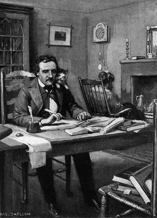Horror writer Edgar Allan Poe, with his cat, Catterina, perched on his left shoulder (lithograph, Charles Mills Sheldon). Horror writer Edgar Allan Poe, with his cat, Catterina, perched on his left shoulder (lithograph, Charles Mills Sheldon).