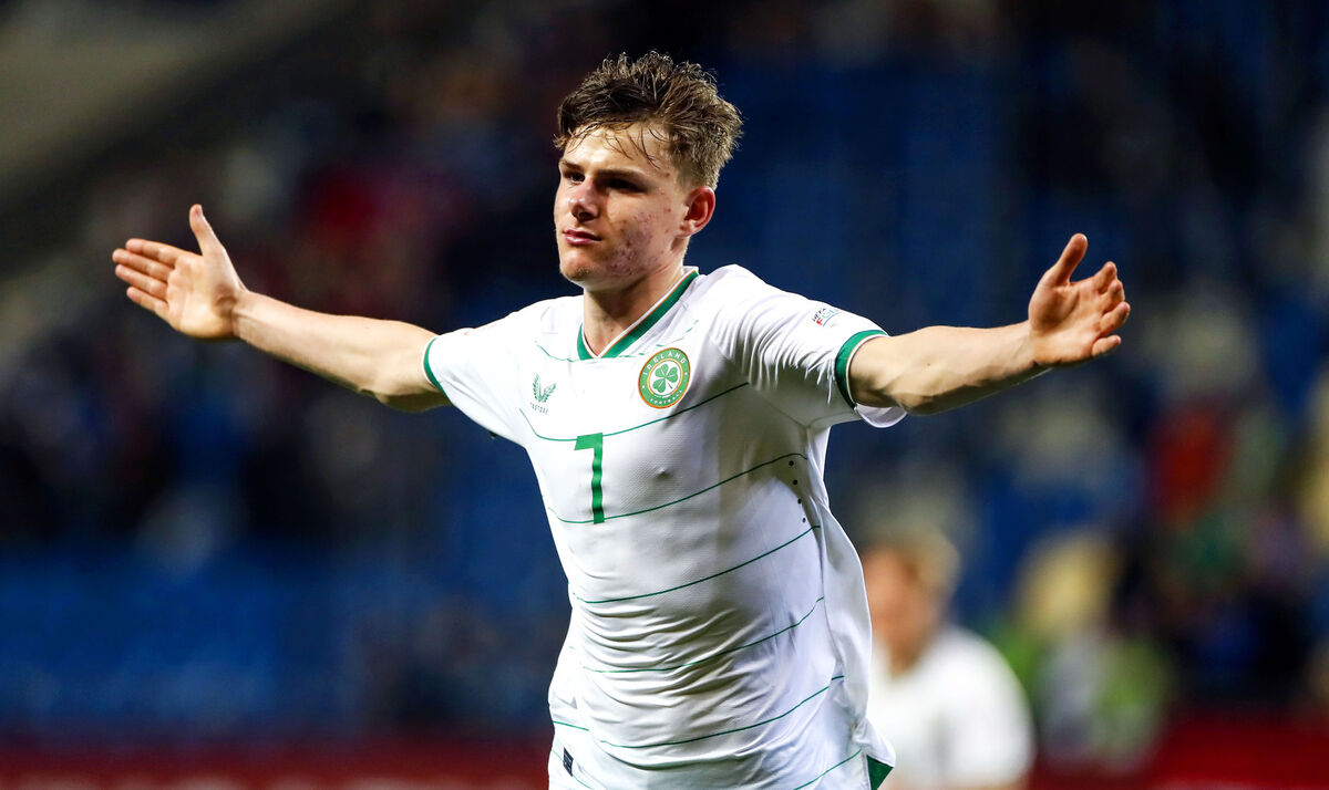TOP BINS: Ireland’s Luke Kehir celebrates scoring their fourth goal. Pic: ©INPHO/Nikola Kristic