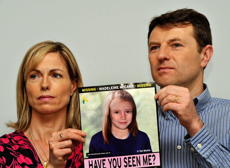 Gerry and Kate McCann whose daughter Madeleine disappeared from a holiday flat in Portugal in 2007 at a press conference in London where they hold an image of what Madeline might look like as an older girl. Gerry and Kate McCann whose daughter Madeleine disappeared from a holiday flat in Portugal in 2007 at a press conference in London where they hold an image of what Madeline might look like as an older girl.