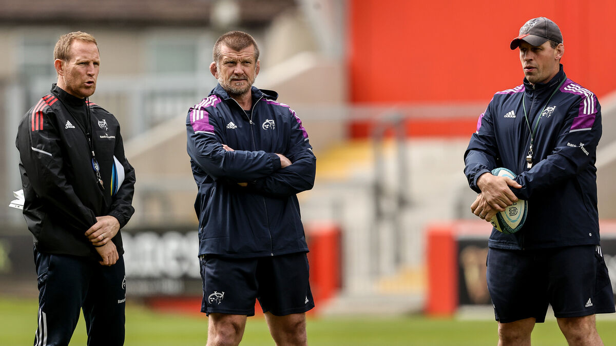 Attack Coach Mike Prendergast with Head Coach Graham Rowntree and Defence Coach Denis Leamy.