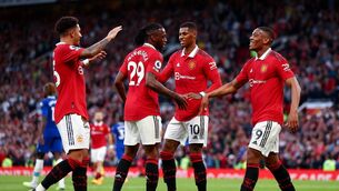 <p>CHAMPIONS LEAGUE SECURED: Manchester United's Anthony Martial celebrates with Jadon Sancho, Aaron Wan-Bissaka and Marcus Rashford after scoring the team's second goal. Pic: Naomi Baker/Getty Images</p>