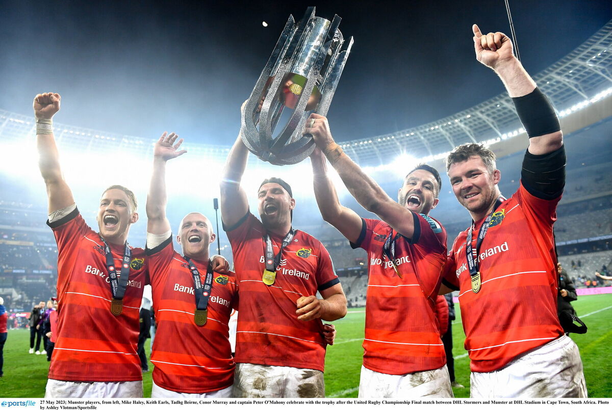 LEADING FROM THE FRONT: Munster players, from left, Mike Haley, Keith Earls, Tadhg Beirne, Conor Murray and captain Peter O'Mahony celebrate. Pic: Ashley Vlotman/Sportsfile