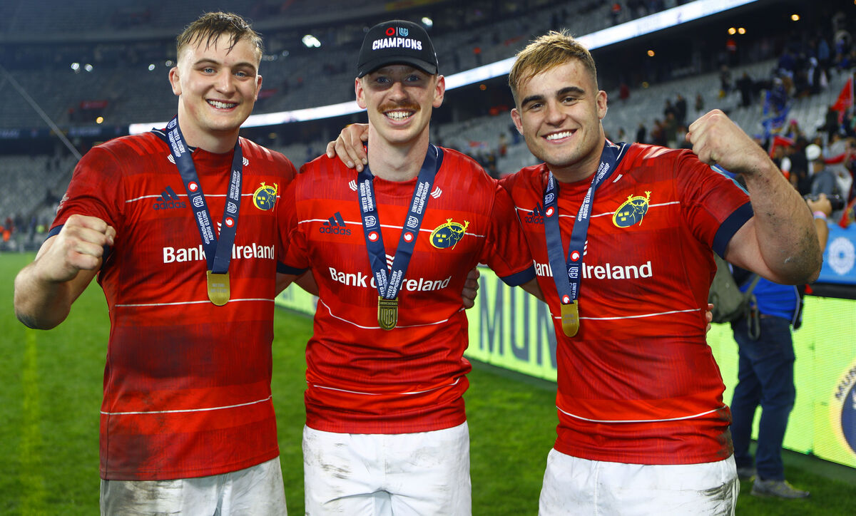 EARLY SUCESS: Munster’s Gavin Coombes, Ben Healy and Alex Kendellen celebrate after the game. Pic: ©INPHO/Steve Haag Sports/Steve Haag
