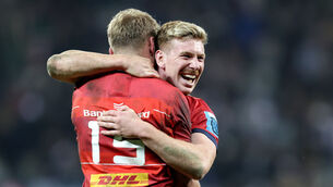 <p>JOY AND RELIEF: Munster's Ben Healy celebrates with Mike Haley. Pic: ©INPHO/Laszlo Geczo</p>