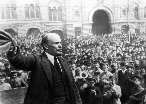 Vladimir Lenin addressing a crowd in Red Square, Moscow, during the Russian Revolution in October 1917.