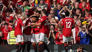 <p>THIRD: Manchester United’s Jadon Sancho (right) celebrates. Photo credit: Martin Rickett/PA Wire.</p>
