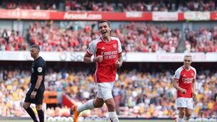 <p>GOALS GALORE: Arsenals Jakub Kiwior scores his sides fifth goal. Pic: Catherine Ivill/Getty Images</p>