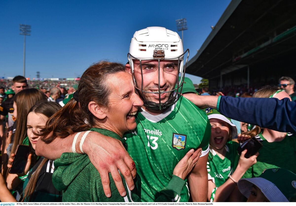 Aaron Gillane of Limerick celebrates with his mother Mary, after the Munster GAA Hurling Senior Championship Round 5 match between Limerick and Cork 