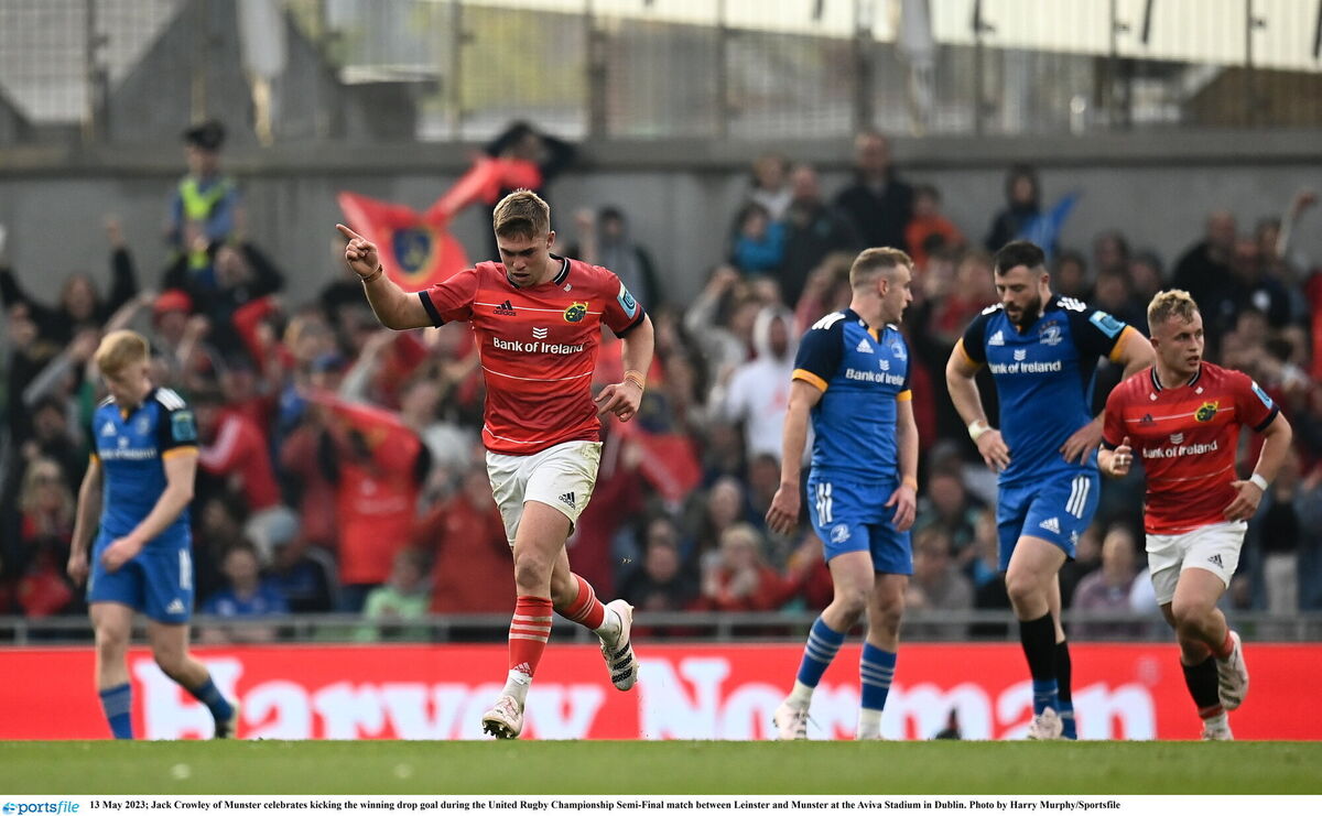 ATTABOY JACK: Jack Crowley of Munster celebrates kicking the winning drop goal during the United Rugby Championship Semi-Final match between Leinster and Munster. Pic: Harry Murphy/Sportsfile