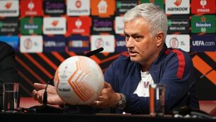 <p>READY: Roma manager Jose Mourinho during a press conference at the Puskas Arena, Budapest. Pic: UEFA/PA Wire</p>