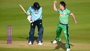 <p>ALL-ROUNDER: Curtis Campher celebrates taking a wicket during a previous encounter with England. Pic: Mike Hewitt/PA</p>