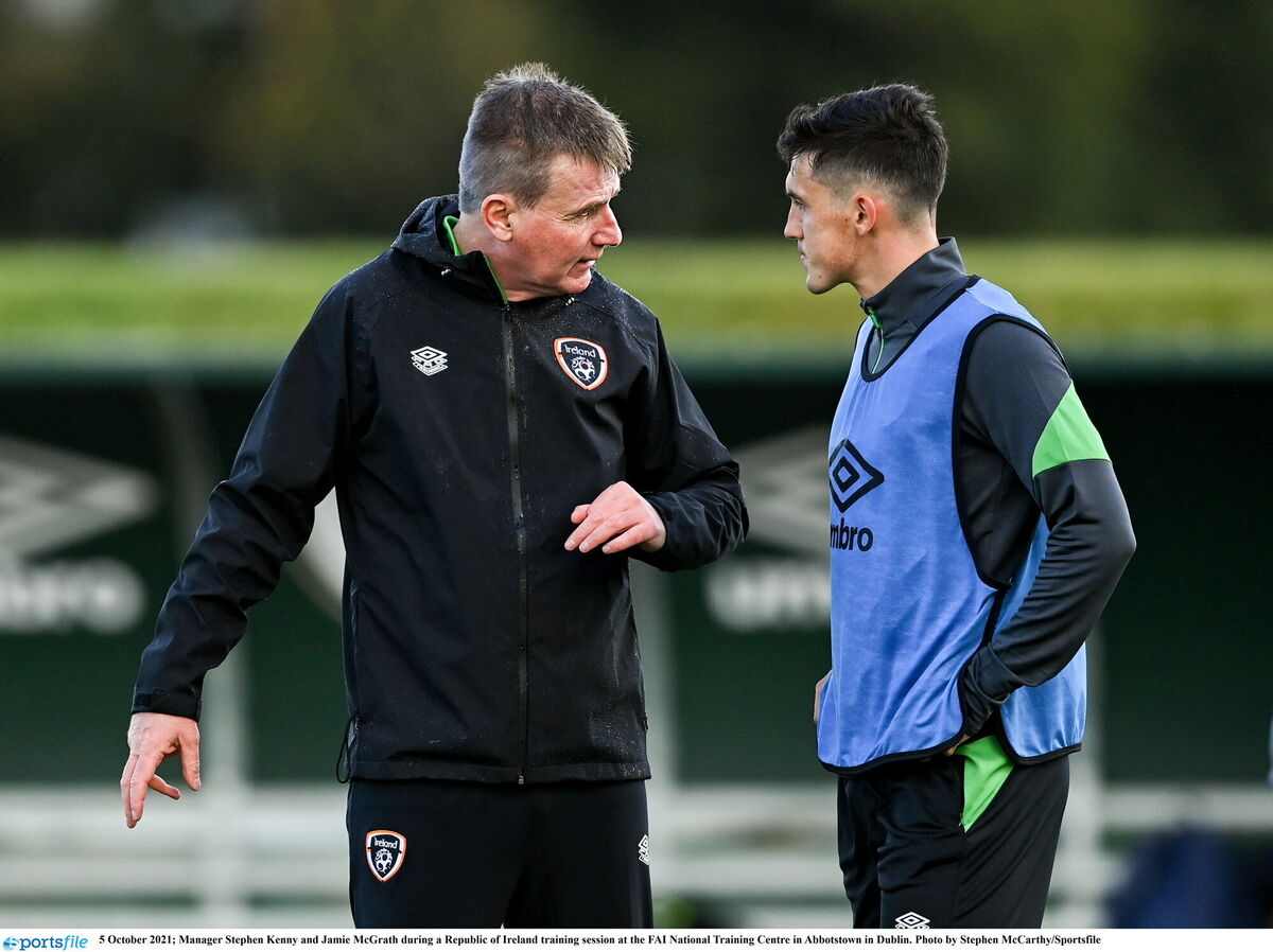 Ireland manager Stephen Kenny and Jamie McGrath during a training session. Photo by Stephen McCarthy/Sportsfile Ireland manager Stephen Kenny and Jamie McGrath during a training session. Photo by Stephen McCarthy/Sportsfile