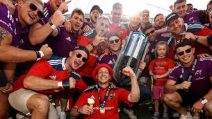 <p>ONTO THE NEXT: Shane Daly, Craig Casey, Jack O'Donoghue and Mike Haley celebrate with the URC trophy. Pic Credit ©INPHO/Ben Brady</p>