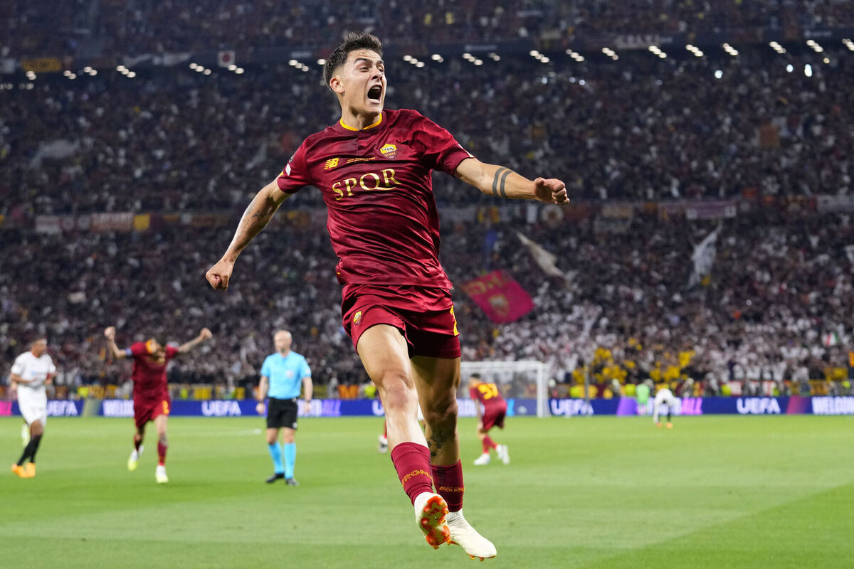 Roma's Paulo Dybala celebrates after scoring the opening goal. (AP Photo/Petr David Josek)