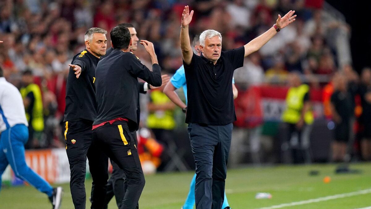 Roma manager Jose Mourinho gestures on the touchline.