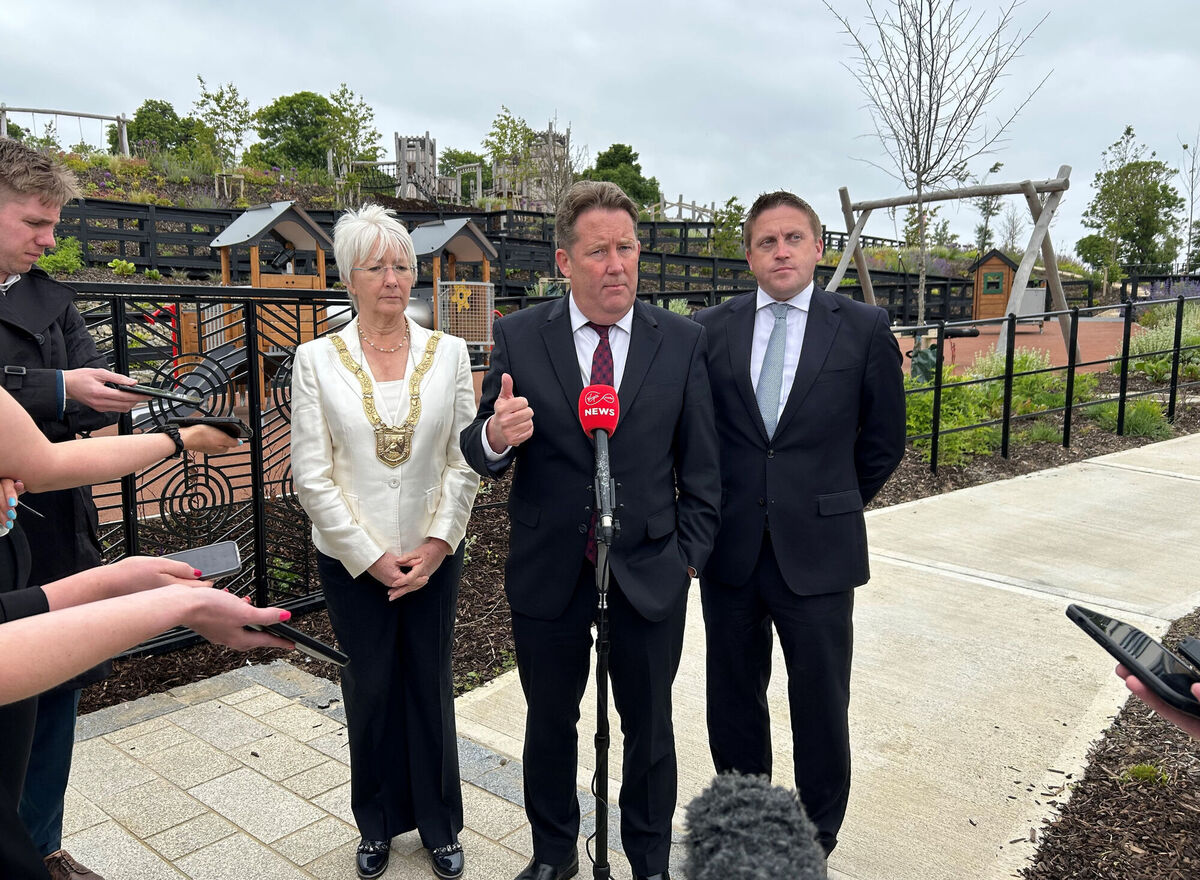 'We delivered more social homes last year than we’ve done in nearly 50 years and we’ll do more than that this year.' Housing Minister Darragh O'Brien speaking to reporters in Cherrywood yesterday, flanked by Dún Laoghaire-Rathdown council chairwoman Mary Hanafin and Cormac Devlin TD. Picture: Cillian Sherlock/PA