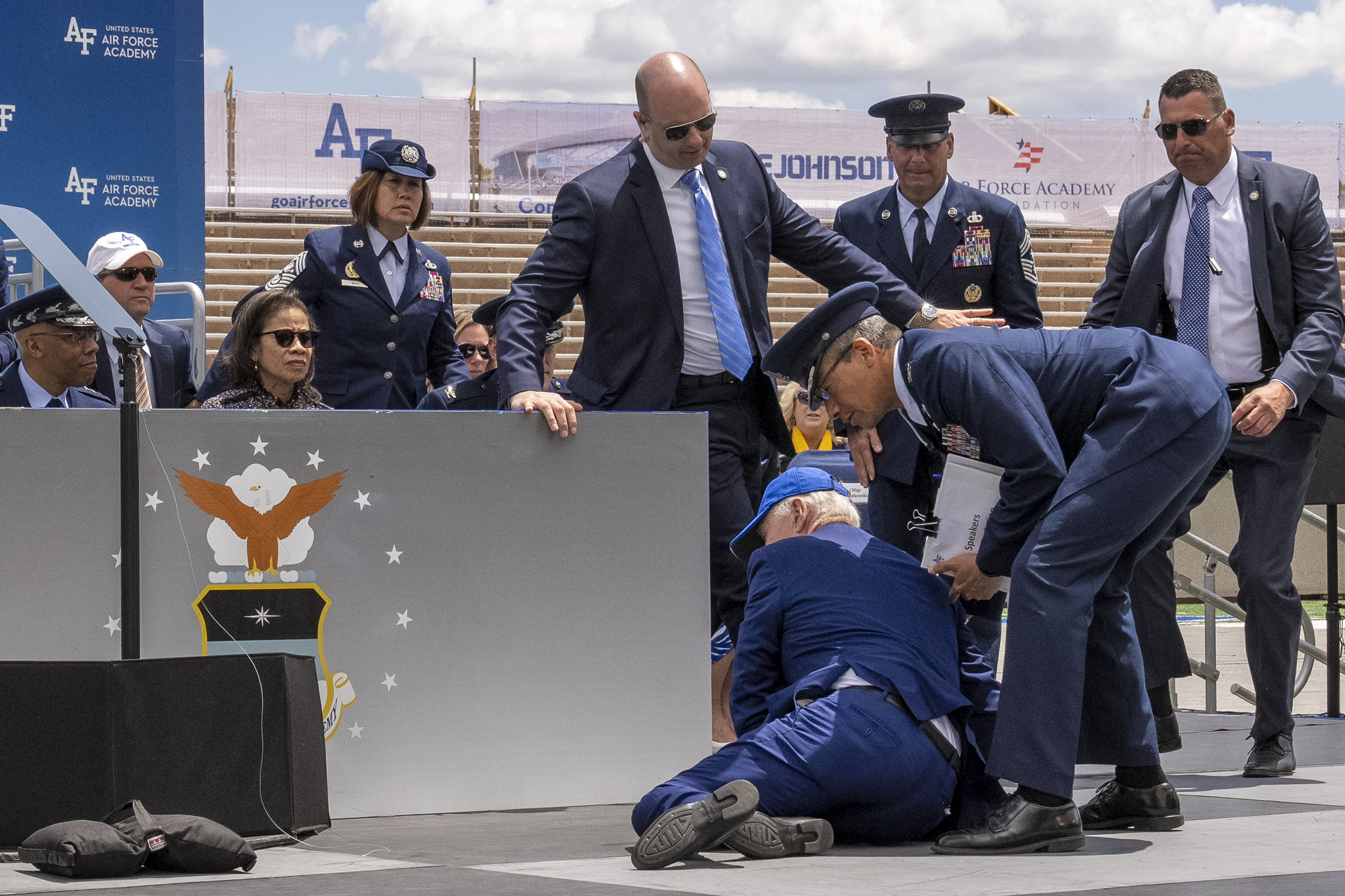 Joe Biden falls over after speech to US air force academy graduates