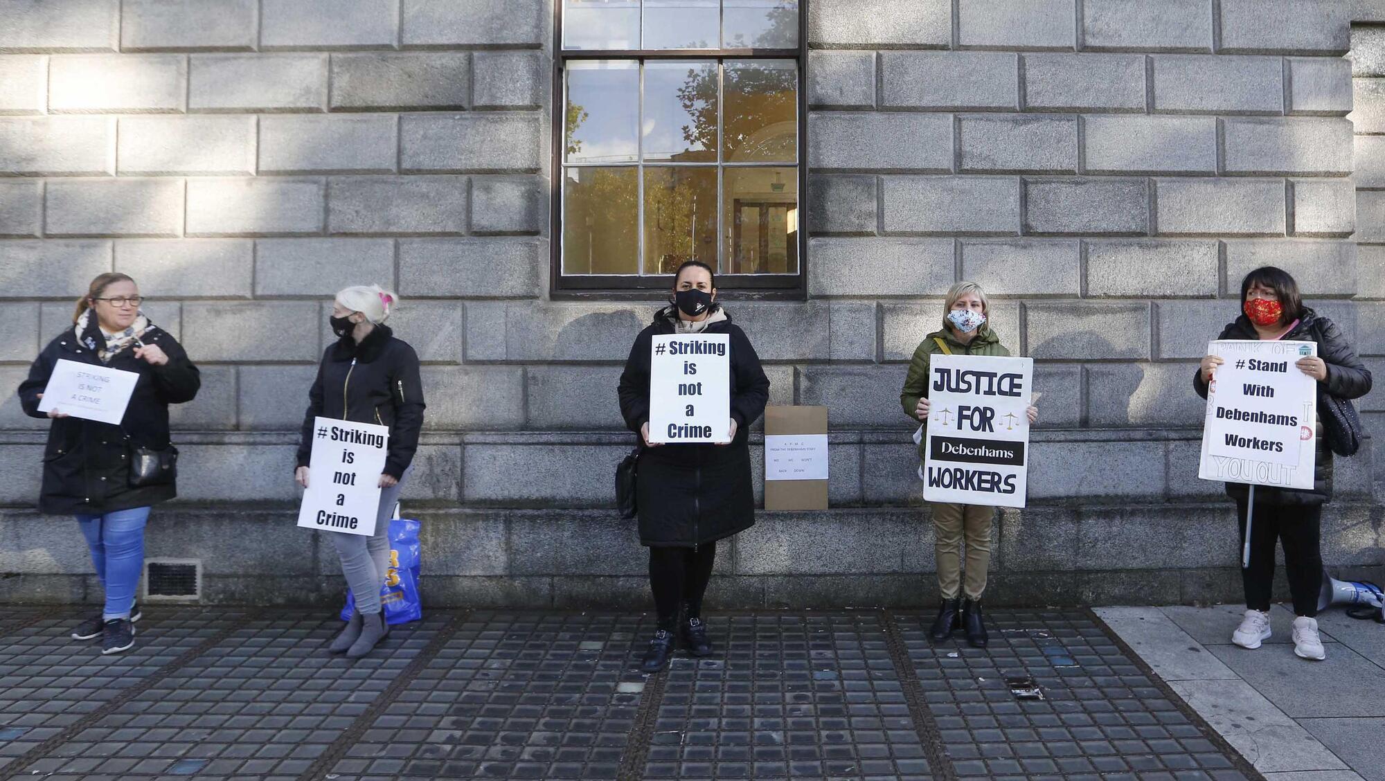 Former Debenhams employees protest outside the Four Courts in 2020 as Debenhams' liquidators seek High Court injunctions. Picture: RollingNews.