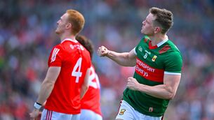 <p>LOOKING AFTER IT: Matthew Ruane of Mayo celebrates after kicking a point during the All-Ireland SFC Round 2 match against Louth at Hastings Insurance MacHale Park in Castlebar. Pic: Seb Daly/Sportsfile</p>