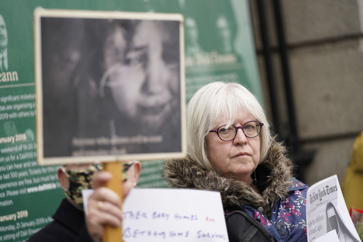 Anna Corrigan whose mother and two brothers were in Tuam mother and baby home, taking part in a protest outside Leinster House in 2021. File picture: PA