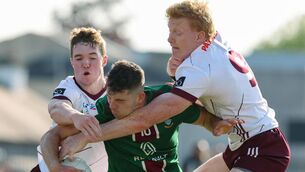 <p>UNDER PRESSURE: Westmeath's Sam McCartan tackled by Jack Glynn and Peter Cooke of Galway. Pic: INPHO/Lorraine O’Sullivan</p>