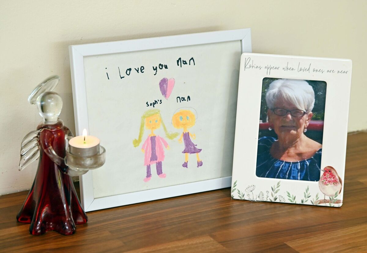 A photograph of Allison McCarthy's mother Alice, and a drawing of Alice and her youngest grandchild Sophie which Sophie made in 2020. Picture: Denis Minihane