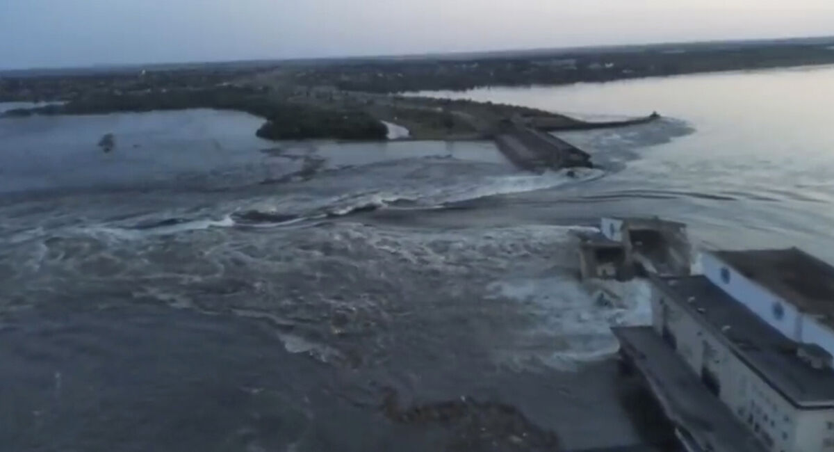Water runs through a breakthrough in the Kakhovka dam in Kakhovka, Ukraine, Tuesday, June 6, 2023. Picture: Ukrainian Presidential Office via AP Water runs through a breakthrough in the Kakhovka dam in Kakhovka, Ukraine, Tuesday, June 6, 2023. Picture: Ukrainian Presidential Office via AP