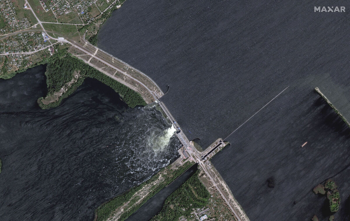 An overview of the Kakhovka dam in southern Ukraine on Monday, June 5, 2023. Picture: Maxar Technologies via AP An overview of the Kakhovka dam in southern Ukraine on Monday, June 5, 2023. Picture: Maxar Technologies via AP