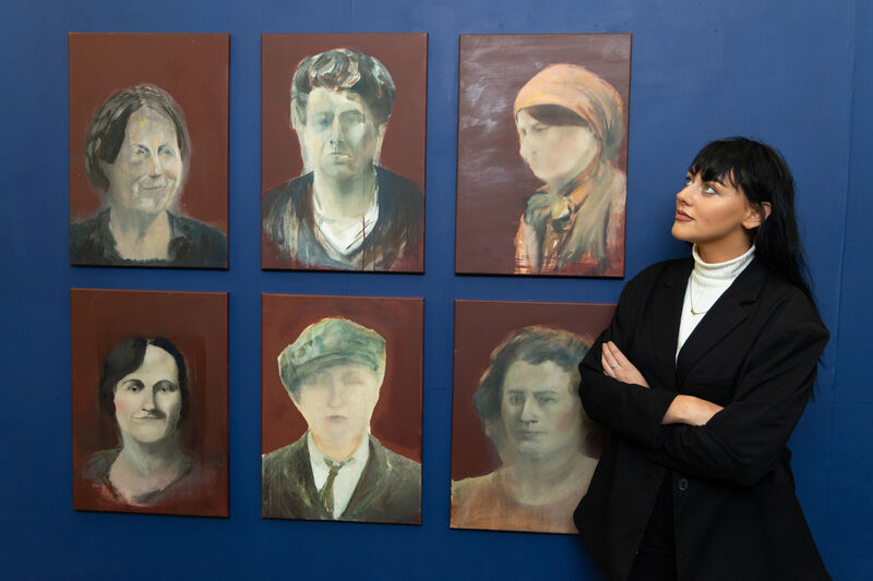 Jenny Fitzgerald from Togher with her final year project 'Cumann na mBan', a series of oil and charcoal on canvas pieces portraying women’s impact on the Irish revolution. Pic: Darragh Kane Jenny Fitzgerald from Togher with her final year project 'Cumann na mBan', a series of oil and charcoal on canvas pieces portraying women’s impact on the Irish revolution. Pic: Darragh Kane