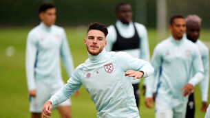 <p>PARTING GIFT? West Ham United's Declan Rice during a training session at the Strahov Training Centre, Prague.</p>