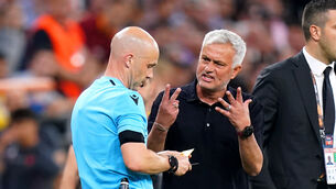 <p>FRANK EXCHANGE: Roma manager Jose Mourinho exchanges words with referee Anthony Taylor during the UEFA Europa League final. Pic: PA</p>