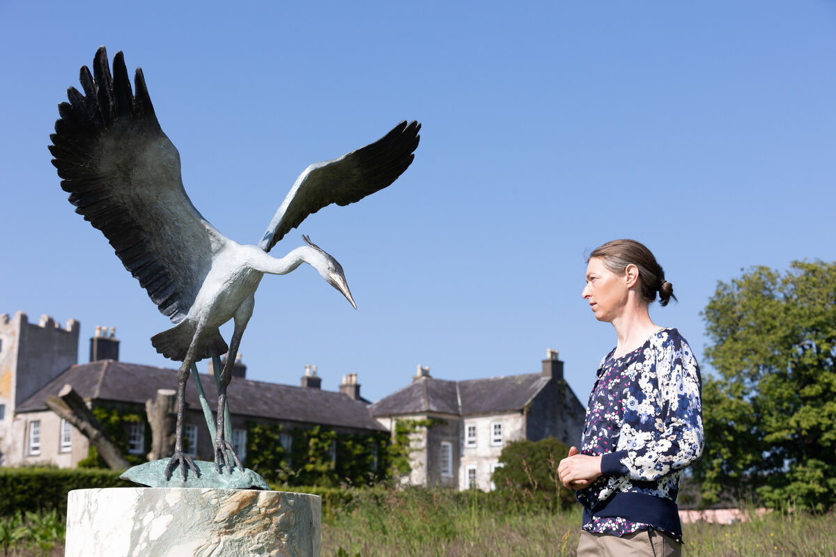 Artist Ester Barrett with one of her sculptures titled Heron at Ballymaloe House Hotel for the launch of the Richard Scott Sculpture Gallery Exhibition, which runs at the venue until August 31st. Pic: Darragh Kane