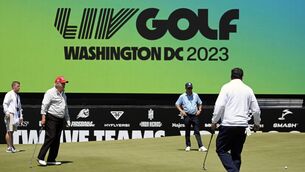 <p>Former US President Donald Trump on the 18th green ahead of the LIV Golf tournament at Trump National GC in Sterling, Virginia.</p>