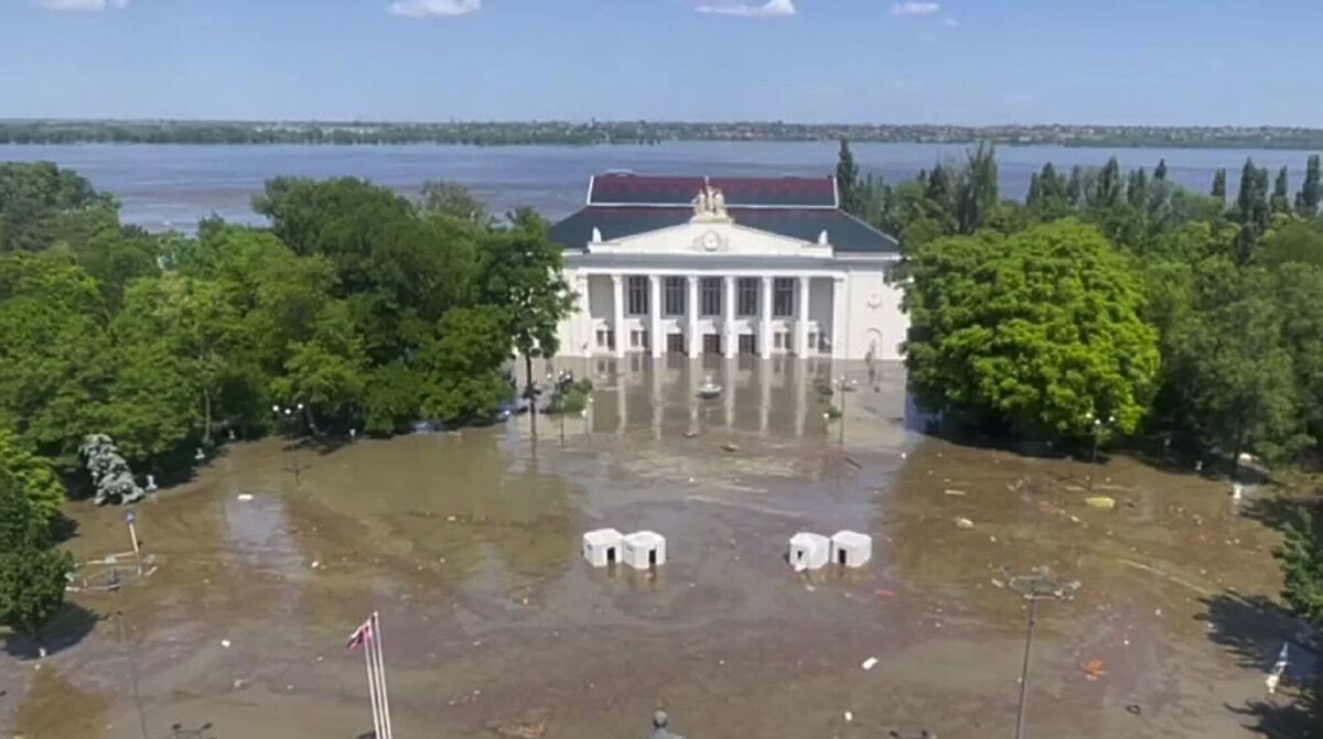 The central square of Nova Kakhovka is flooded after the Kakhovka dam was blown up, in the Russian-controlled part of the Kherson Region, Ukraine. Picture: Russian-controlled administration of Kherson Region via AP