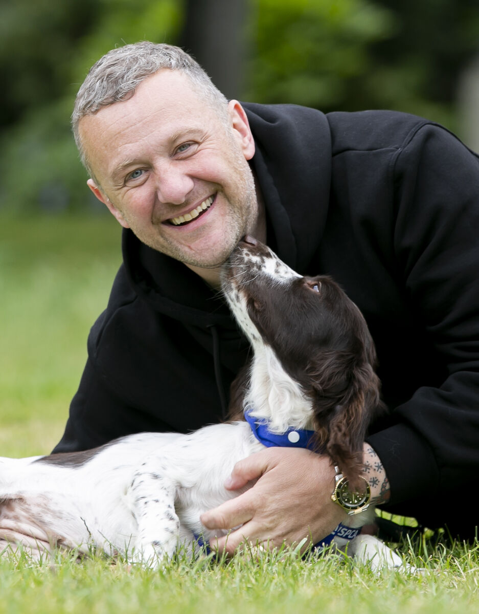 Comedian PJ Gallagher with a rescued spaniel at the launch of the ISPCA's emergency appeal in response to a sharp increase in the number of animal cruelty cases across Ireland. Picture: Gareth Chaney/ Collins
