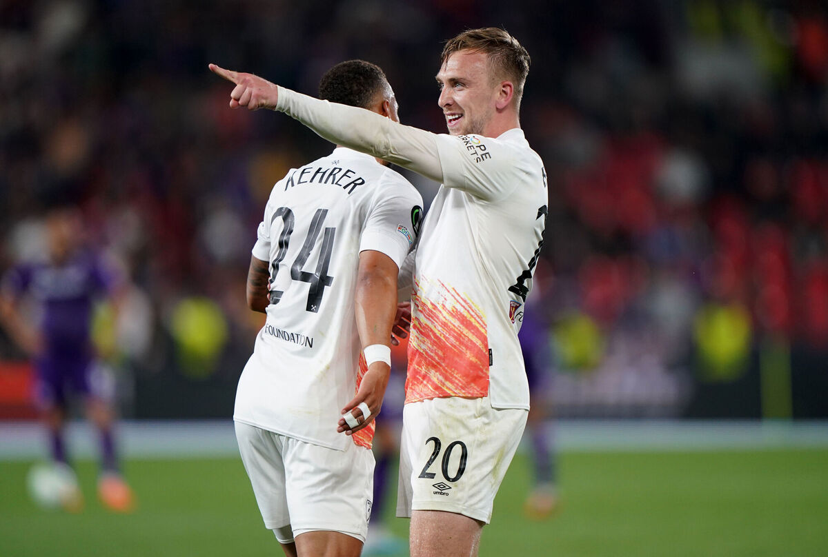 MATCHWINNER: West Ham United's Jarrod Bowen celebrates scoring his sides second goal during the UEFA Europa Conference League Final at the Fortuna Arena, Prague. Pic: Joe Giddens/PA Wire