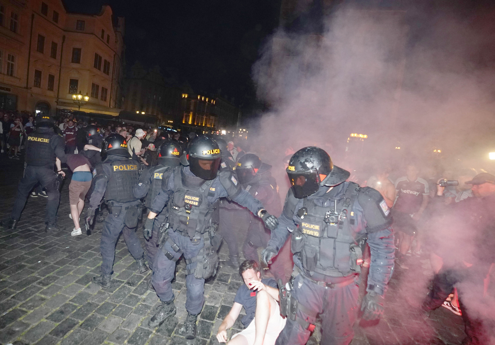 West Ham fans fight riot police in Prague after Europa Conference League win