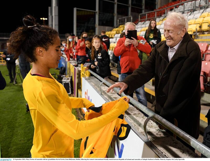 Mary Fowler of Australia with her grandfather Kevin Fowler, from Ballymun, Dublin, following the women's international friendly match between Republic of Ireland and Australia at Tallaght Stadium. Pic: Stephen McCarthy/Sportsfile Mary Fowler of Australia with her grandfather Kevin Fowler, from Ballymun, Dublin, following the women's international friendly match between Republic of Ireland and Australia at Tallaght Stadium. Pic: Stephen McCarthy/Sportsfile
