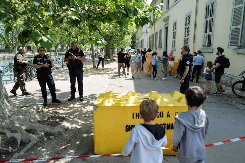 French police personnel maintain a secure cordon in Annecy, south-eastern France on June 8, 2023, following a mass stabbing in the French Alpine town. Picture: Oliver Chassignole/ AFP vua Getty Images French police personnel maintain a secure cordon in Annecy, south-eastern France on June 8, 2023, following a mass stabbing in the French Alpine town. Picture: Oliver Chassignole/ AFP vua Getty Images