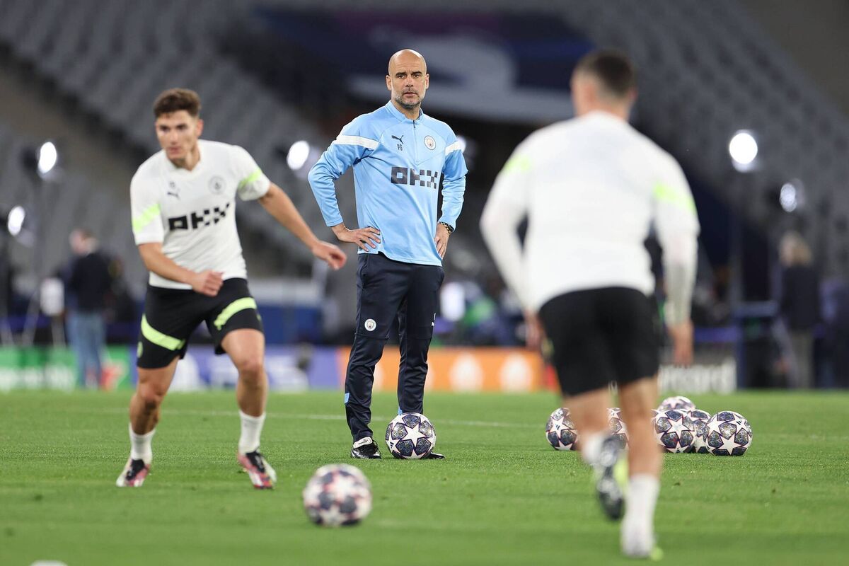 Pep Guardiola watches his players during Manchester City’s training sessuib at the Ataturk Olympic Stadium. Pic: Catherine Ivill/Getty Images