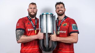 <p>INTERNATIONAL TEAMMATES?: Munster’s RG Snyman and Jean Kleyn celebrates with the URC Trophy. Pic: INPHO/James Crombie</p>