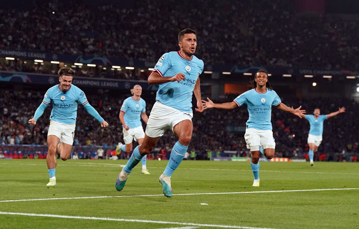 TREBLE: Manchester City's Rodri celebrates scoring the opening goal during the UEFA Champions League final. Photo credit: Nick Potts/PA Wire. TREBLE: Manchester City's Rodri celebrates scoring the opening goal during the UEFA Champions League final. Photo credit: Nick Potts/PA Wire.