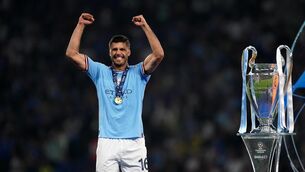 <p>MATCHWINNER: Manchester City’s Rodri celebrates with the Champions League trophy. Pic: Nick Potts/PA</p>