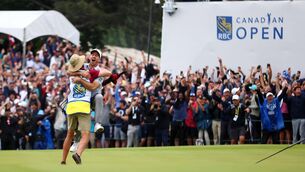 <p>OH CANADA: Nick Taylor of Canada celebrates with his caddie after making an eagle putt on the 4th playoff hole to win the RBC Canadian Open at Oakdale Golf &amp; Country Club. Pic: Vaughn Ridley/Getty Images</p>