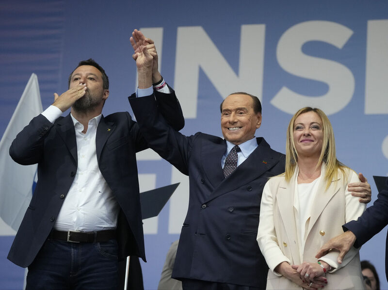FILE - From left: The League's Matteo Salvini, Forza Italia's Silvio Berlusconi, and Brothers of Italy's Giorgia Meloni attend the center-right coalition closing rally in Rome on Sep. 22, 2022. Picture: AP Photo/Gregorio Borgia, File FILE - From left: The League's Matteo Salvini, Forza Italia's Silvio Berlusconi, and Brothers of Italy's Giorgia Meloni attend the center-right coalition closing rally in Rome on Sep. 22, 2022. Picture: AP Photo/Gregorio Borgia, File